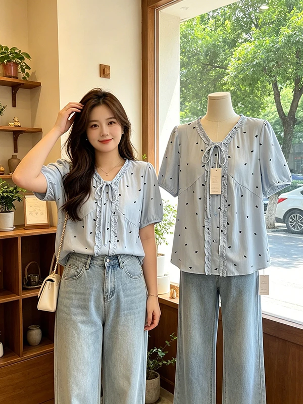 plus Size Summer Blue Bubble Sleeve V-Neck Sweet Girl Print Top Women's Korean Style Loose Fit Shirt Heart Pattern Korean Fas...
plus Size Summer Blue Bubble Sleeve V-Neck Sweet Girl Print Top Women's Korean Style Loose Fit Shirt Heart Pattern Korean Fas...