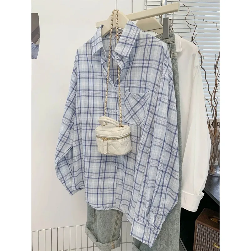 Women's Korean Style Blue Plaid Shirt, Casual Loose Long Sleeve Blouse, Autumn OL Chic Oversized Top
Women's Korean Style Blue Plaid Shirt, Casual Loose Long Sleeve Blouse, Autumn OL Chic Oversized Top