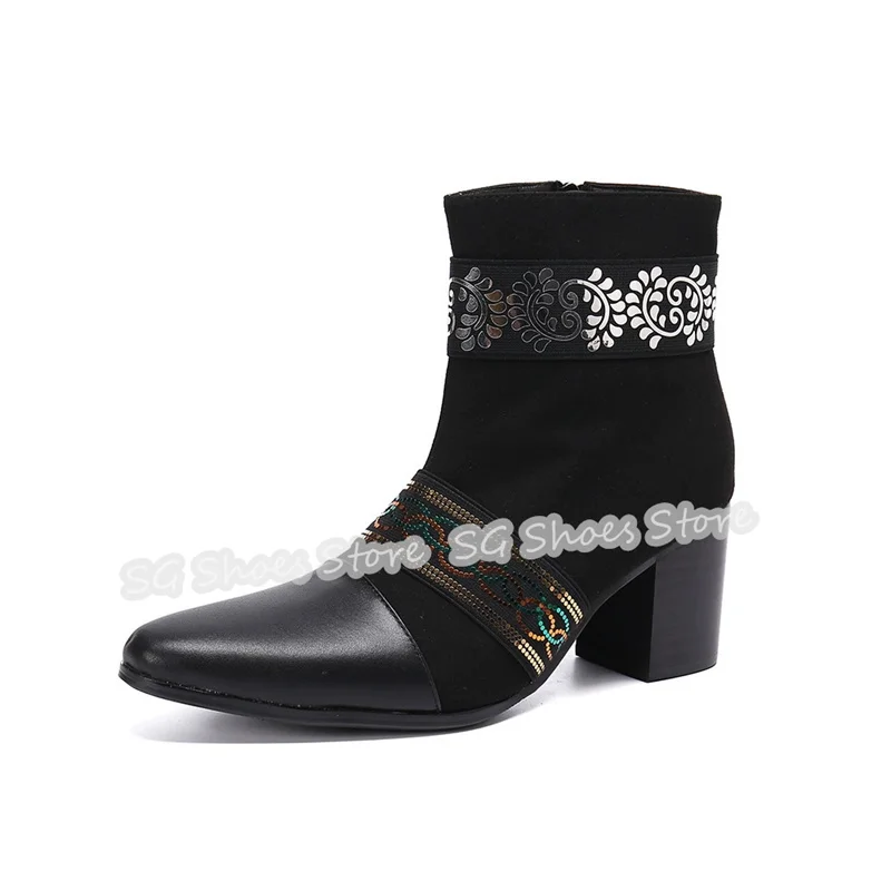 Fashion Totem Printed 8Cm Chunky Heel Chelsea Boots for Men Mixed Color Leather Splicing Strecth Boots Male Wedding Party Boots 
Fashion Totem Printed 8Cm Chunky Heel Chelsea Boots for Men Mixed Color Leather Splicing Strecth Boots Male Wedding Party Boots