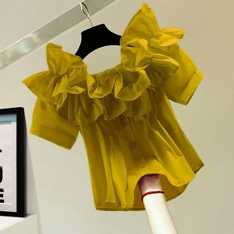 Ruffled One-neck Short-sleeved Shirt Summer Korean Version Slimming High-waisted Short Solid Color Pleated Cinched Waist Shirt
Ruffled One-neck Short-sleeved Shirt Summer Korean Version Slimming High-waisted Short Solid Color Pleated Cinched Waist Shirt
