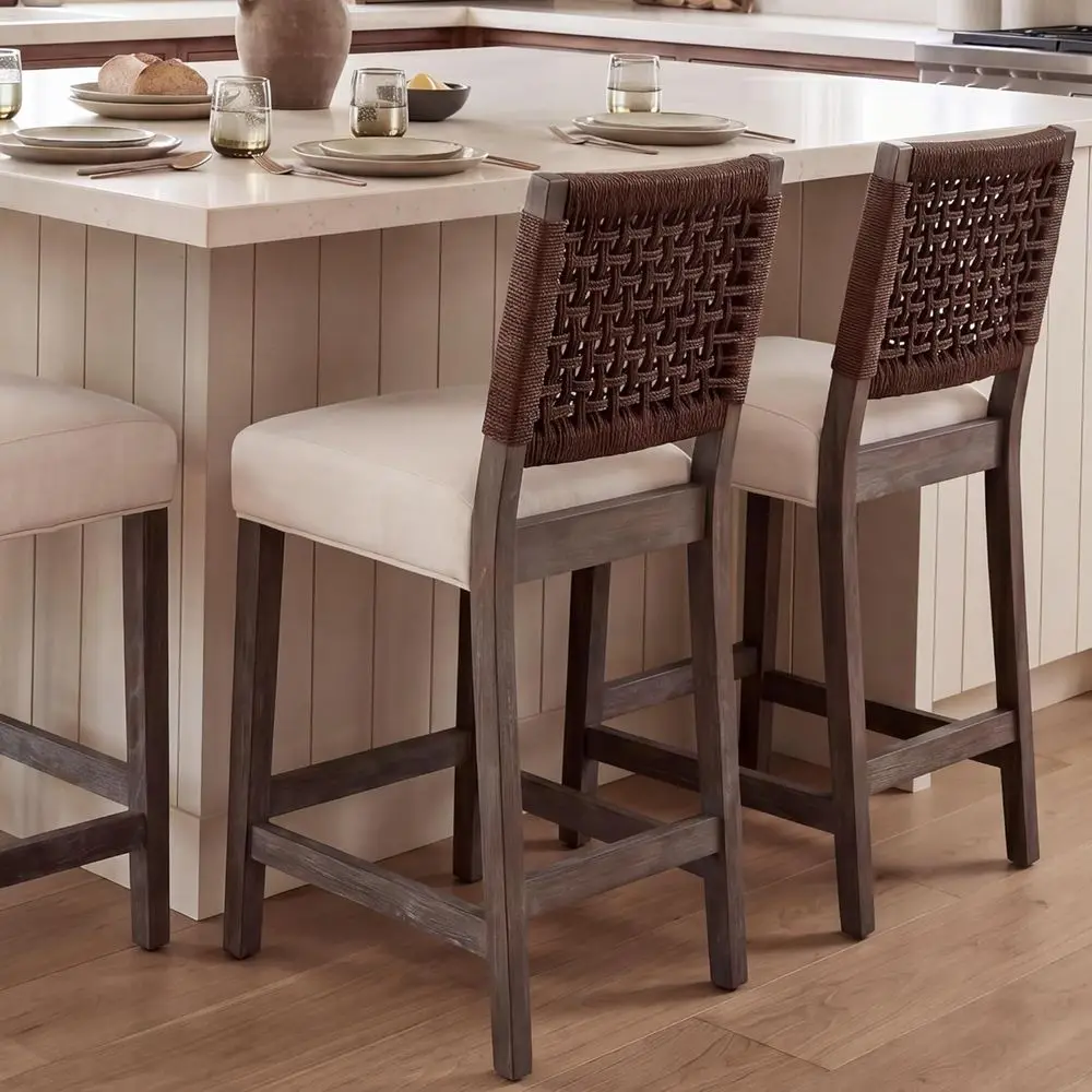 Set of 2 Counter Height Bar Stools with Upholstered Linen Seats and Woven Backrests, Rustic Beige
Set of 2 Counter Height Bar Stools with Upholstered Linen Seats and Woven Backrests, Rustic Beige
