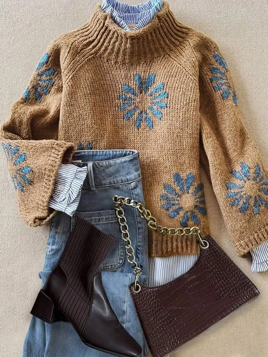 Autumn Winter Casual Loose Turtleneck Knit Sweater With Blue Floral Pattern
Autumn Winter Casual Loose Turtleneck Knit Sweater With Blue Floral Pattern