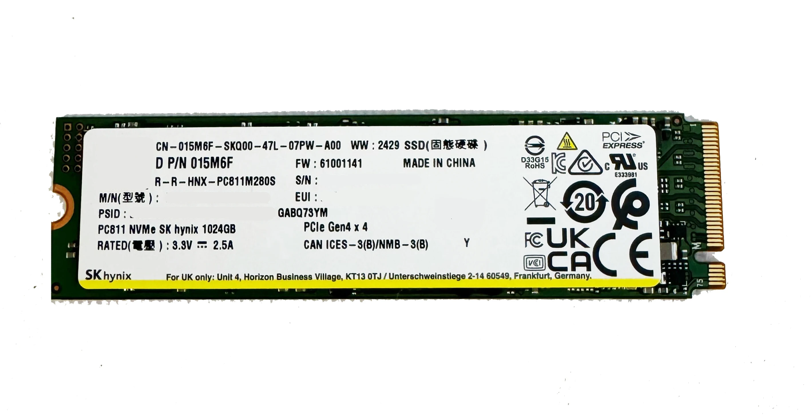 Внутренний твердотельный накопитель Dell SK Hynix PC811 серии 15M6F, 1 ТБ — NVMe, PCI-e 40 X4 — M2 2280 — в употреблении, как новый
Внутренний твердотельный накопитель Dell SK Hynix PC811 серии 15M6F, 1 ТБ — NVMe, PCI-e 40 X4 — M2 2280 — в употреблении, как новый
