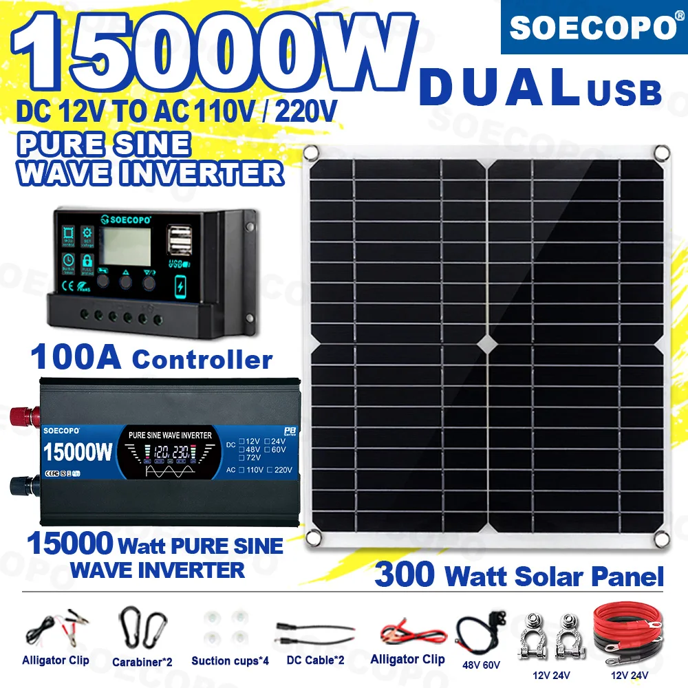 SOECOPO15000W Solar Panels Complete Kit 300W Solar Panel Pure Sine Wave Inverter 12V To 110V/220V 100A Controller Home Camping 
SOECOPO15000W Solar Panels Complete Kit 300W Solar Panel Pure Sine Wave Inverter 12V To 110V/220V 100A Controller Home Camping