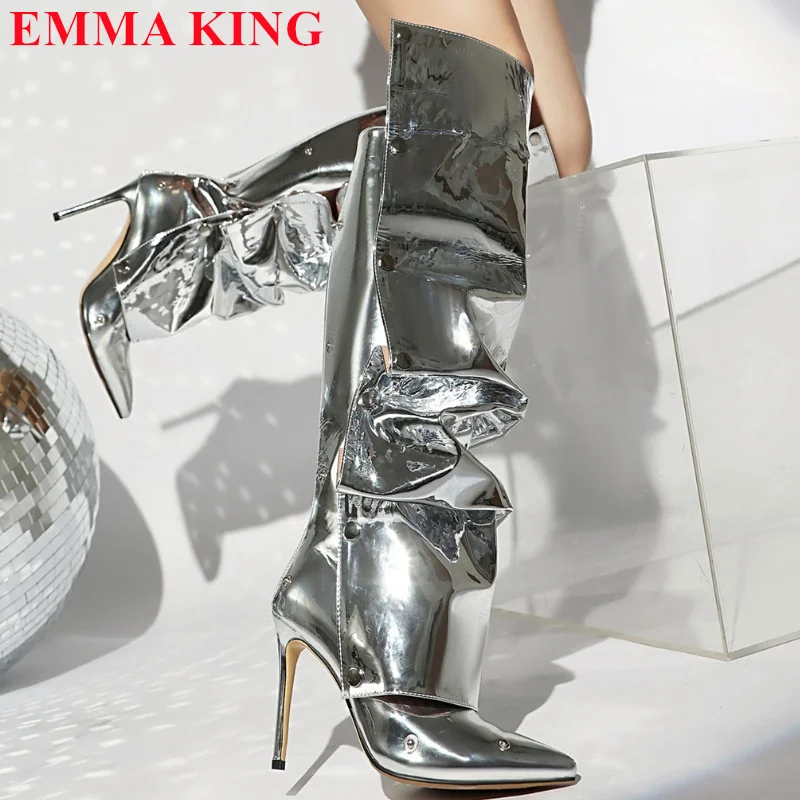 Women Fashion Pleated High Heels Knee High Boots Patent Leather Metal Button Shoes Woman Winter Autumn Pointed Toe Long Boots
Women Fashion Pleated High Heels Knee High Boots Patent Leather Metal Button Shoes Woman Winter Autumn Pointed Toe Long Boots