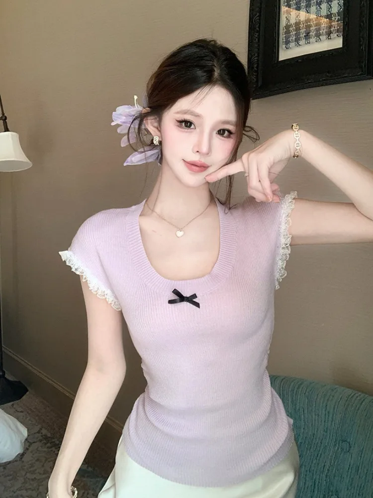 Sweet Knot Knitted Short Sleeve Women's T-shirt Slim Fit Base Shirt Inner Wear Slimming Top Korean Style Commute
Sweet Knot Knitted Short Sleeve Women's T-shirt Slim Fit Base Shirt Inner Wear Slimming Top Korean Style Commute