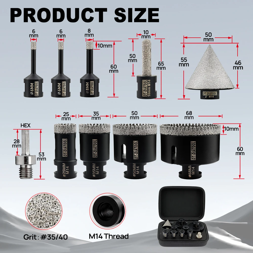 DT-DIATOOL 10 шт. Набор алмазных сверл для коронки Фреза Кольцевая пила для плитки Керамический мрамор Алмазная кольцевая пила для фаски Корончатая пила 
DT-DIATOOL 10 шт. Набор алмазных сверл для коронки Фреза Кольцевая пила для плитки Керамический мрамор Алмазная кольцевая пила для фаски Корончатая пила