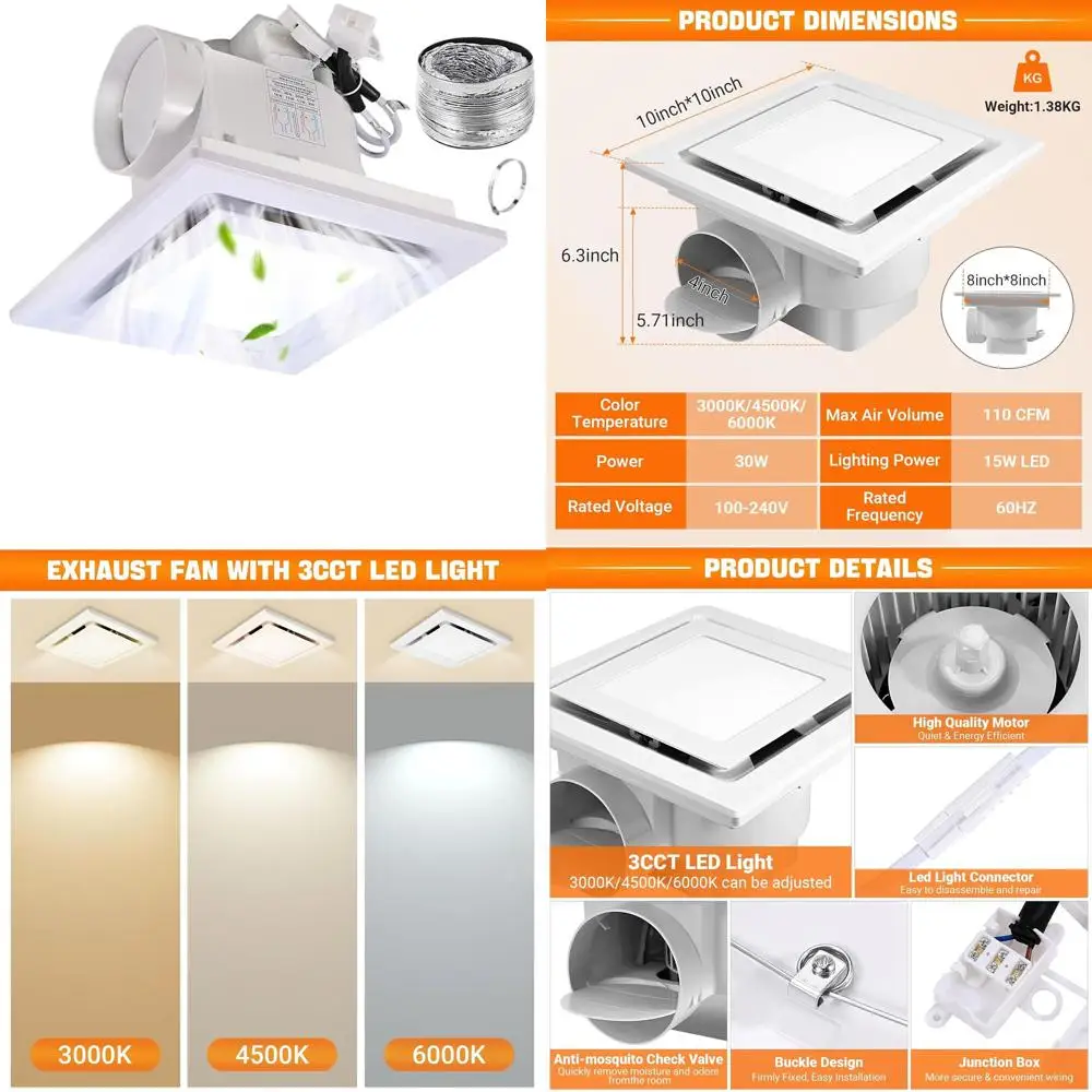 LED Lighted 4 Duct Bathroom Exhaust Fan with Adjustable Color Temperature, 30W, 110-220V, 1.0 Sones Quiet
LED Lighted 4 Duct Bathroom Exhaust Fan with Adjustable Color Temperature, 30W, 110-220V, 1.0 Sones Quiet