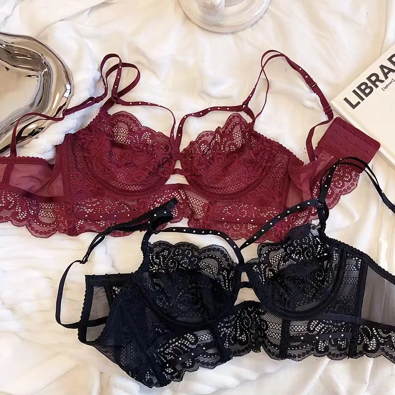 French sexy lace ultra thin perspective bra and panty set with steel ring big chest show small gathered brassiere women bralette
French sexy lace ultra thin perspective bra and panty set with steel ring big chest show small gathered brassiere women bralette