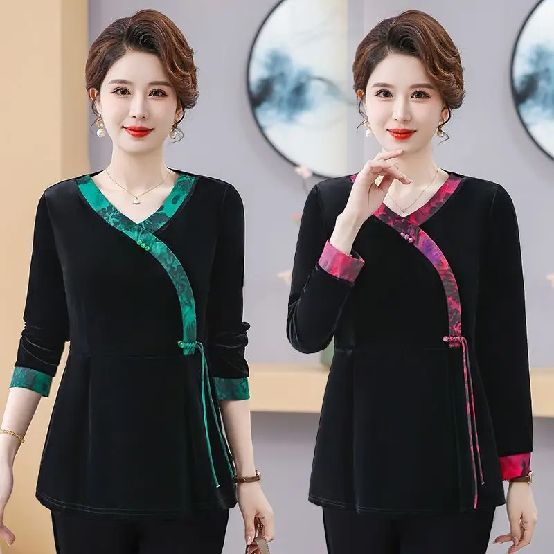 Fashionable Velvet V-neck Mommy Clothes Spring Autumn New Style Wide Lady Top Breathable Comfortable Loose Fit round Hem T-shirt
Fashionable Velvet V-neck Mommy Clothes Spring Autumn New Style Wide Lady Top Breathable Comfortable Loose Fit round Hem T-shirt