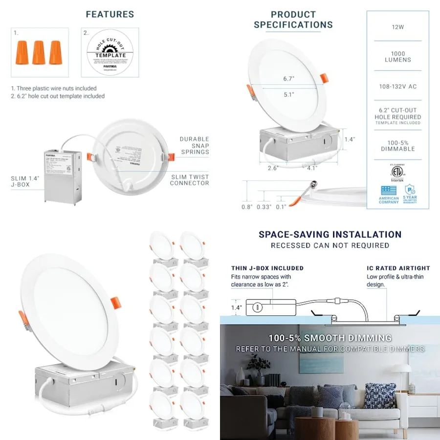PARMIDA Inch Ultra-Thin LED Recessed Ceiling Light with Junction Box, 12W, Dimmable Canless Wafer Slim Panel Downlight, IC Rate
PARMIDA Inch Ultra-Thin LED Recessed Ceiling Light with Junction Box, 12W, Dimmable Canless Wafer Slim Panel Downlight, IC Rate