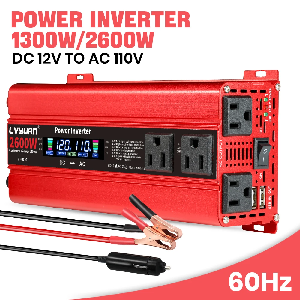 2600W Car Converter Power Inverter DC 12V To AC 110V Converter LCD 4 USB Ports and 110V AC Outlet Cigarette Lighter Battery
2600W Car Converter Power Inverter DC 12V To AC 110V Converter LCD 4 USB Ports and 110V AC Outlet Cigarette Lighter Battery