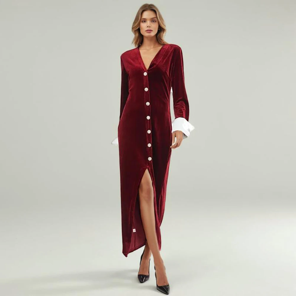 Solid Elegant Slim Dress For Women V Neck Long Sleeve High Waist Patchwork Single Breasted Temperament Dresses Female
Solid Elegant Slim Dress For Women V Neck Long Sleeve High Waist Patchwork Single Breasted Temperament Dresses Female