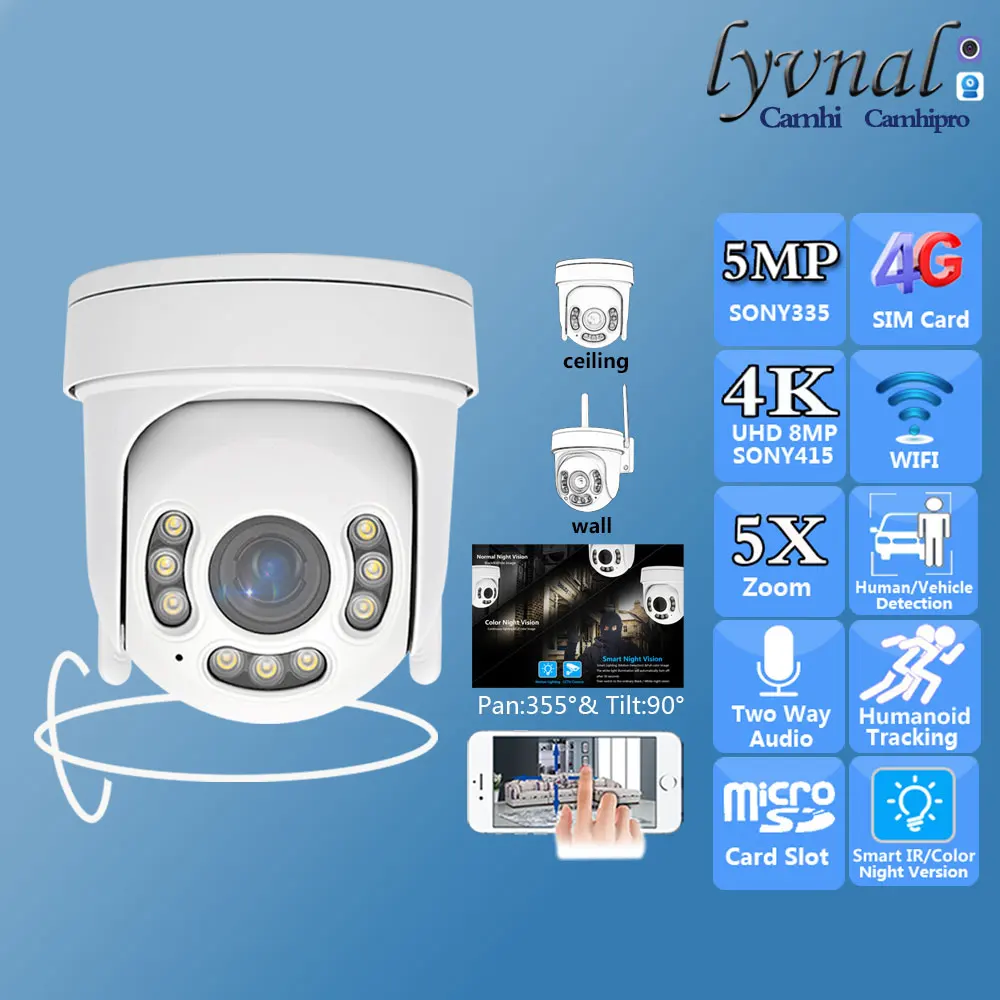 SO-NY415 8MP 4K Беспроводная IP-камера безопасности Wi-Fi/4G SIM PTZ Купольная 5-кратная зум Двустороннее аудио Отслеживание человека ИК-цветная ночная версия
SO-NY415 8MP 4K Беспроводная IP-камера безопасности Wi-Fi/4G SIM PTZ Купольная 5-кратная зум Двустороннее аудио Отслеживание человека ИК-цветная ночная версия