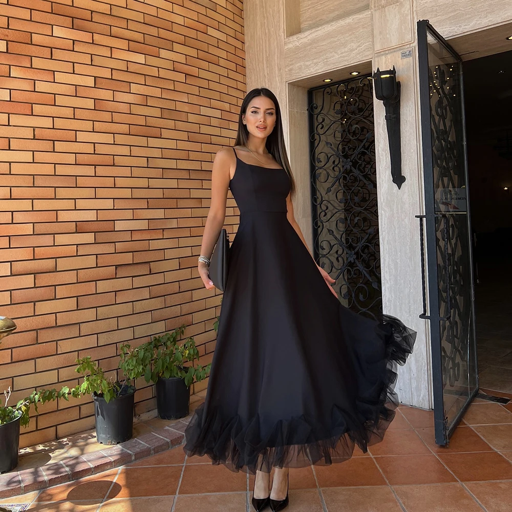 Customized Spaghetti Black Jersey Simple Evening Dress Sleeveless Tulle A-line Party Dress Backless Ankle Length Prom Gown
Customized Spaghetti Black Jersey Simple Evening Dress Sleeveless Tulle A-line Party Dress Backless Ankle Length Prom Gown