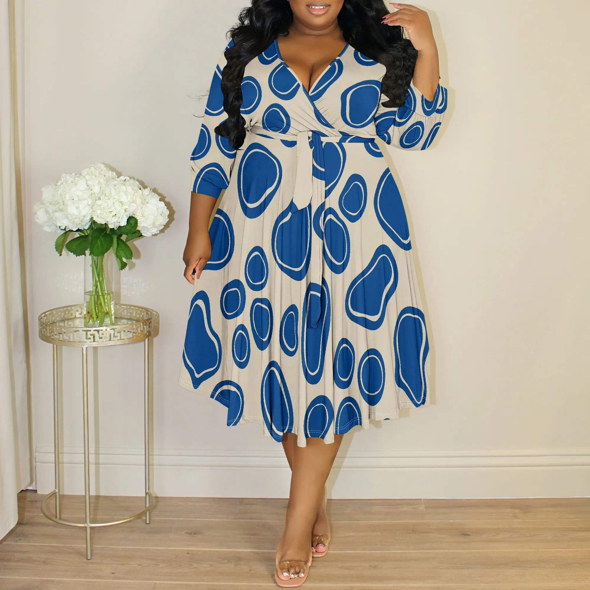Plus Size Blue Abstract Dot Midi Dress XL-6XL V-Neck Wrap A-Line 3/4 Sleeve Style for Juneteenth or Creative Office Look
Plus Size Blue Abstract Dot Midi Dress XL-6XL V-Neck Wrap A-Line 3/4 Sleeve Style for Juneteenth or Creative Office Look