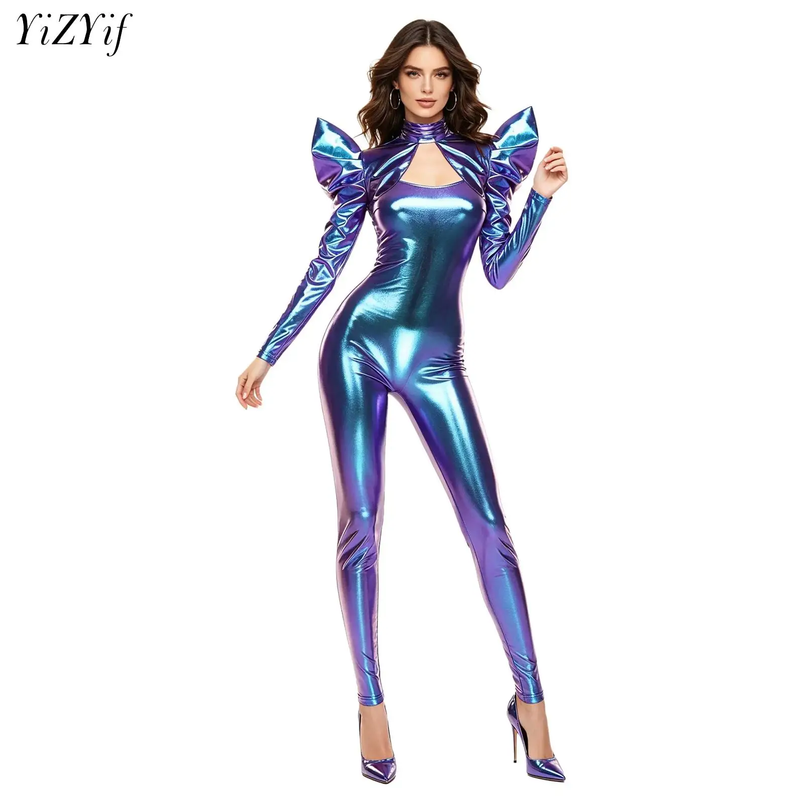 Womens Metallic Glossy Jumpsuit Clubwear Set Long Sleeve Open Front Crop Top with Bodycon Sling Bodysuit for Rave Party Cosplay
Womens Metallic Glossy Jumpsuit Clubwear Set Long Sleeve Open Front Crop Top with Bodycon Sling Bodysuit for Rave Party Cosplay