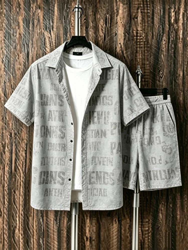 Men's Short Sleeve Shirt & Shorts Set, Loose Comfort Grey Vintage Letter Print Casual Summer Outfit, Stylish & Breathable
Men's Short Sleeve Shirt & Shorts Set, Loose Comfort Grey Vintage Letter Print Casual Summer Outfit, Stylish & Breathable