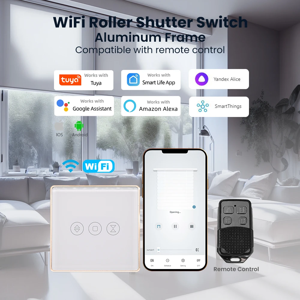 Tuya Wifi Roller shutter switch 2.5D Aluminum frame EU Remote Control Smart Life Voice Control Remote Control Need Neutral Wire
Tuya Wifi Roller shutter switch 2.5D Aluminum frame EU Remote Control Smart Life Voice Control Remote Control Need Neutral Wire