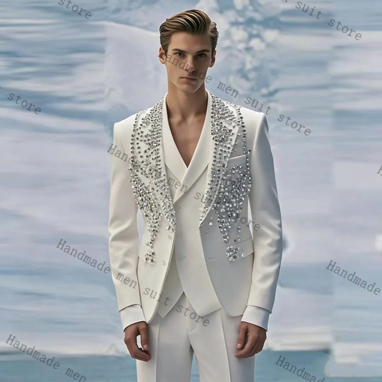 White Men Suit Set 3 Piece Blazer+Vest+Pants Crystals Spring Prom Wedding Tuxedos Coat Customized Formal Office Fashion Jacket
White Men Suit Set 3 Piece Blazer+Vest+Pants Crystals Spring Prom Wedding Tuxedos Coat Customized Formal Office Fashion Jacket