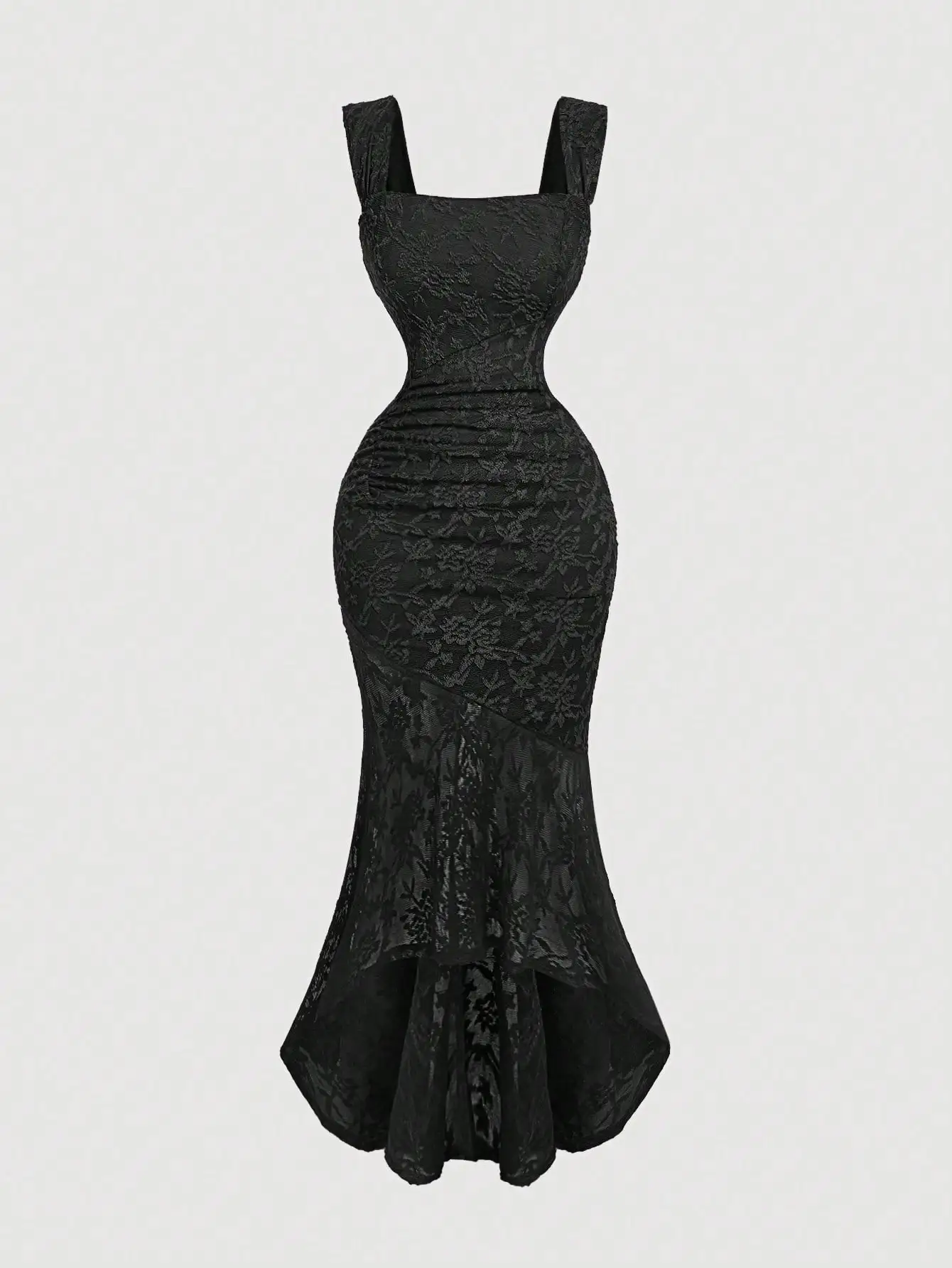 Black Lace Asymmetrical Hem Ruched Mermaid Dress with Wide Straps
Black Lace Asymmetrical Hem Ruched Mermaid Dress with Wide Straps