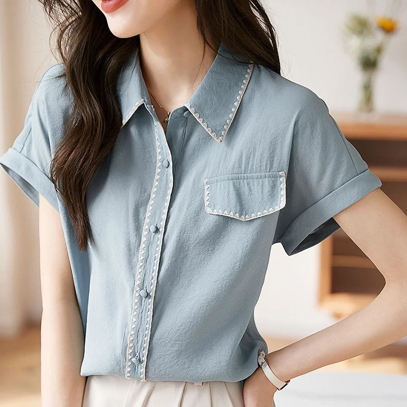 Korean Style Casual Versatile Thin Blue Short Sleeved Shirt Summer New Item Solid Color Popular Vintage Elegant Loose Lady Top
Korean Style Casual Versatile Thin Blue Short Sleeved Shirt Summer New Item Solid Color Popular Vintage Elegant Loose Lady Top