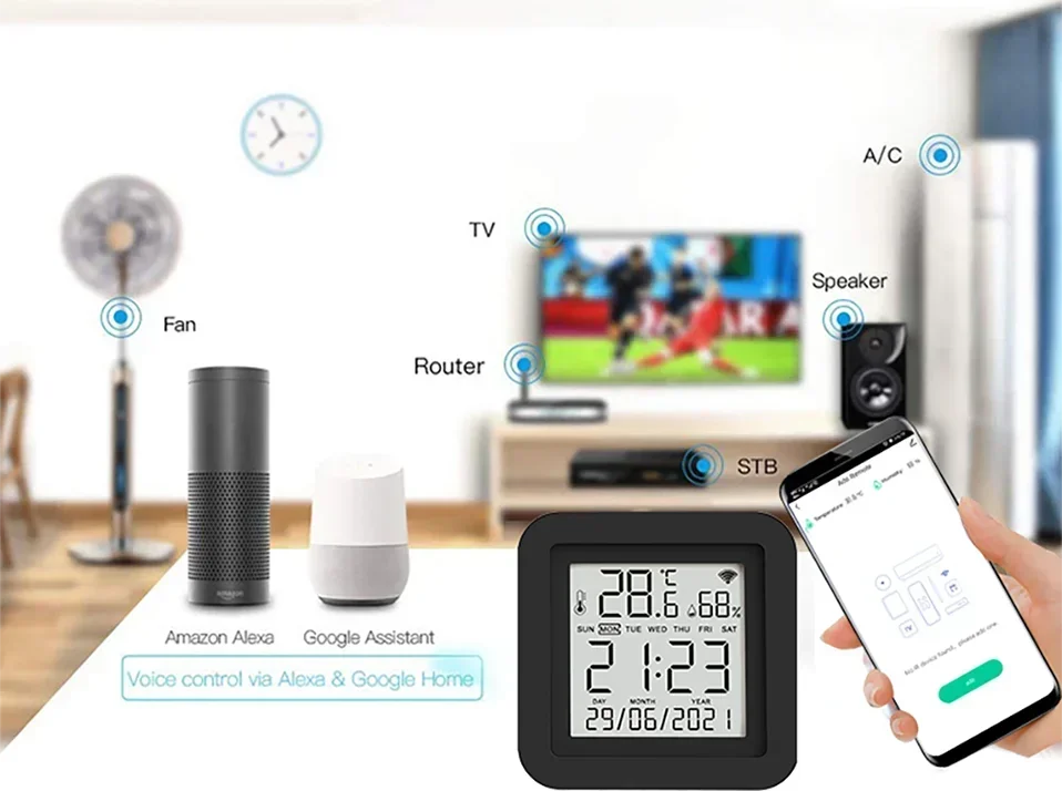 Tuya WiFi Bluetooth Универсальный инфракрасный пульт дистанционного управления Температура и влажность Кондиционер Пульт дистанционного управления Умный дом
Tuya WiFi Bluetooth Универсальный инфракрасный пульт дистанционного управления Температура и влажность Кондиционер Пульт дистанционного управления Умный дом