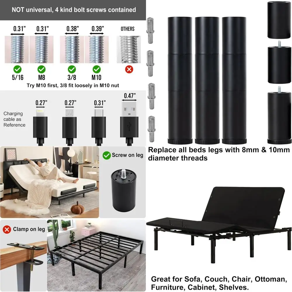 4-Piece 12-Inch Adjustable Bed Legs Set with 3-In-1 Screws
4-Piece 12-Inch Adjustable Bed Legs Set with 3-In-1 Screws