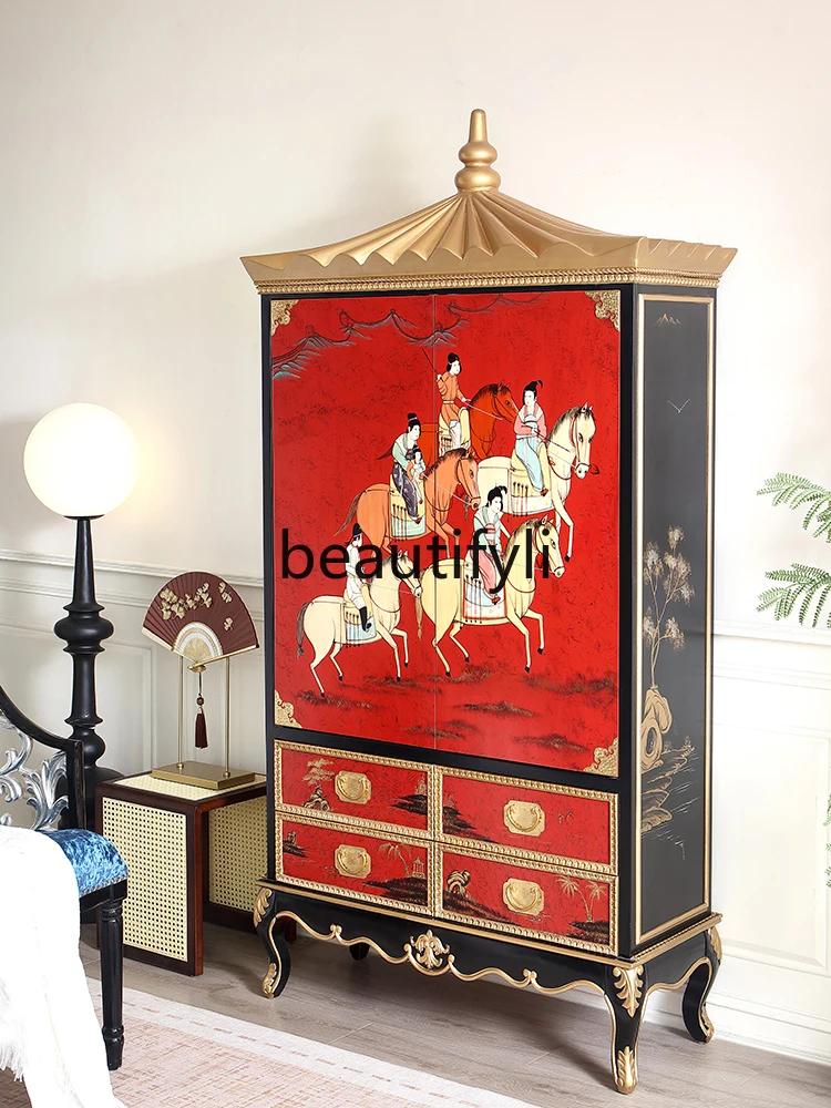 New Chinese hand-painted lady villa solid wood double door high foot display cabinet living room storage decorative cabinet 
New Chinese hand-painted lady villa solid wood double door high foot display cabinet living room storage decorative cabinet