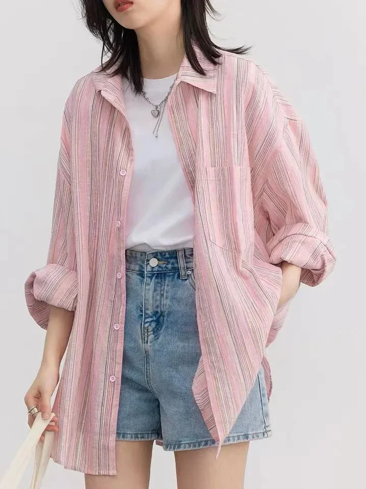 Fashion Women Shirt Loose Striped Pink Linen Blouses for Woman Long Sleeve Female Top Sunscreen Coat New 2025 Summer
Fashion Women Shirt Loose Striped Pink Linen Blouses for Woman Long Sleeve Female Top Sunscreen Coat New 2025 Summer