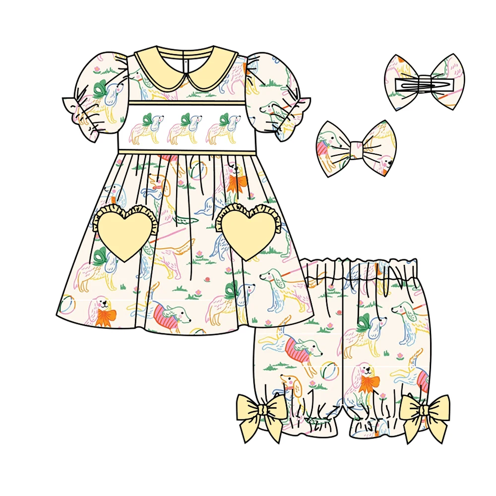 Boutique wholesale children's clothes short-sleeved yellow cartoon puppy and kitten print tops and shorts pajamas set sister out
Boutique wholesale children's clothes short-sleeved yellow cartoon puppy and kitten print tops and shorts pajamas set sister out