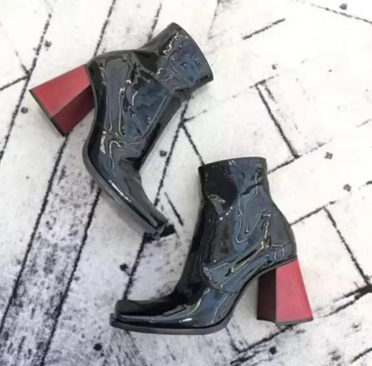 Street Fashion Black Patent Leather Red Chunky High Heels Ankle Boots Women Square Toe Zipper Side Motorcycle Boots Shoes
Street Fashion Black Patent Leather Red Chunky High Heels Ankle Boots Women Square Toe Zipper Side Motorcycle Boots Shoes