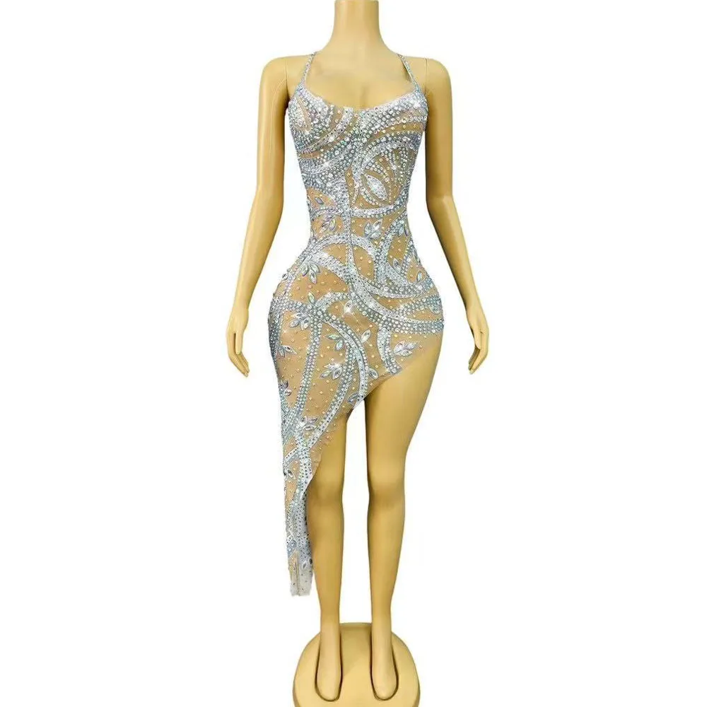 Women Sexy Halterneck Split Irregularity Sparkly Rhinestones Dress Birthday Celebrate Evening Gown Fashion Show Stage Wear
Women Sexy Halterneck Split Irregularity Sparkly Rhinestones Dress Birthday Celebrate Evening Gown Fashion Show Stage Wear