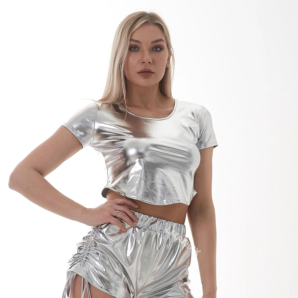 Women's Shiny Metallic Scoop Neck Crop Top Vest Sleeveless Wet Look Tank Tops Short Sleeved Party Club Wear for Raves Festivals
Women's Shiny Metallic Scoop Neck Crop Top Vest Sleeveless Wet Look Tank Tops Short Sleeved Party Club Wear for Raves Festivals