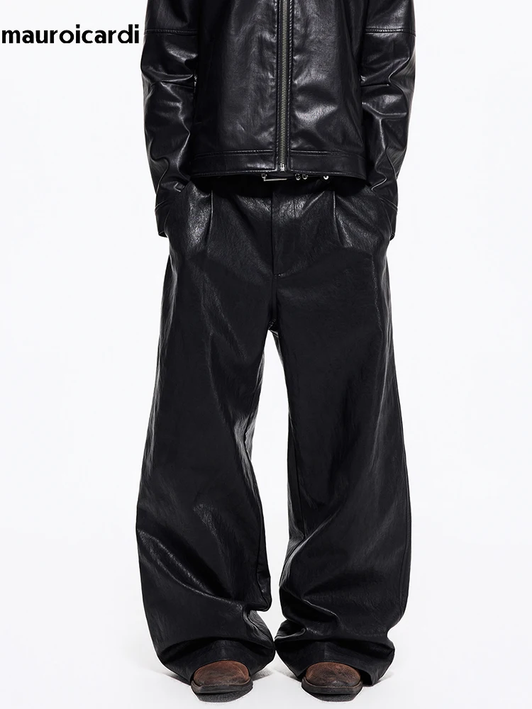 Mauroicardi Spring Autumn Cool Handsome Long Baggy Black Pu Leather Wide Leg Pants for Men Luxury Designer Streetwear Clothes
Mauroicardi Spring Autumn Cool Handsome Long Baggy Black Pu Leather Wide Leg Pants for Men Luxury Designer Streetwear Clothes