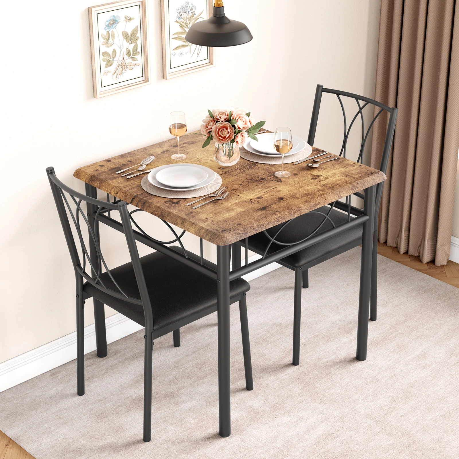 Dining Table Set for 2, Kitchen Table and Chairs, Square Dining Room Table Set with 2 Metal and Wood Chairs for Small Spaces
Dining Table Set for 2, Kitchen Table and Chairs, Square Dining Room Table Set with 2 Metal and Wood Chairs for Small Spaces