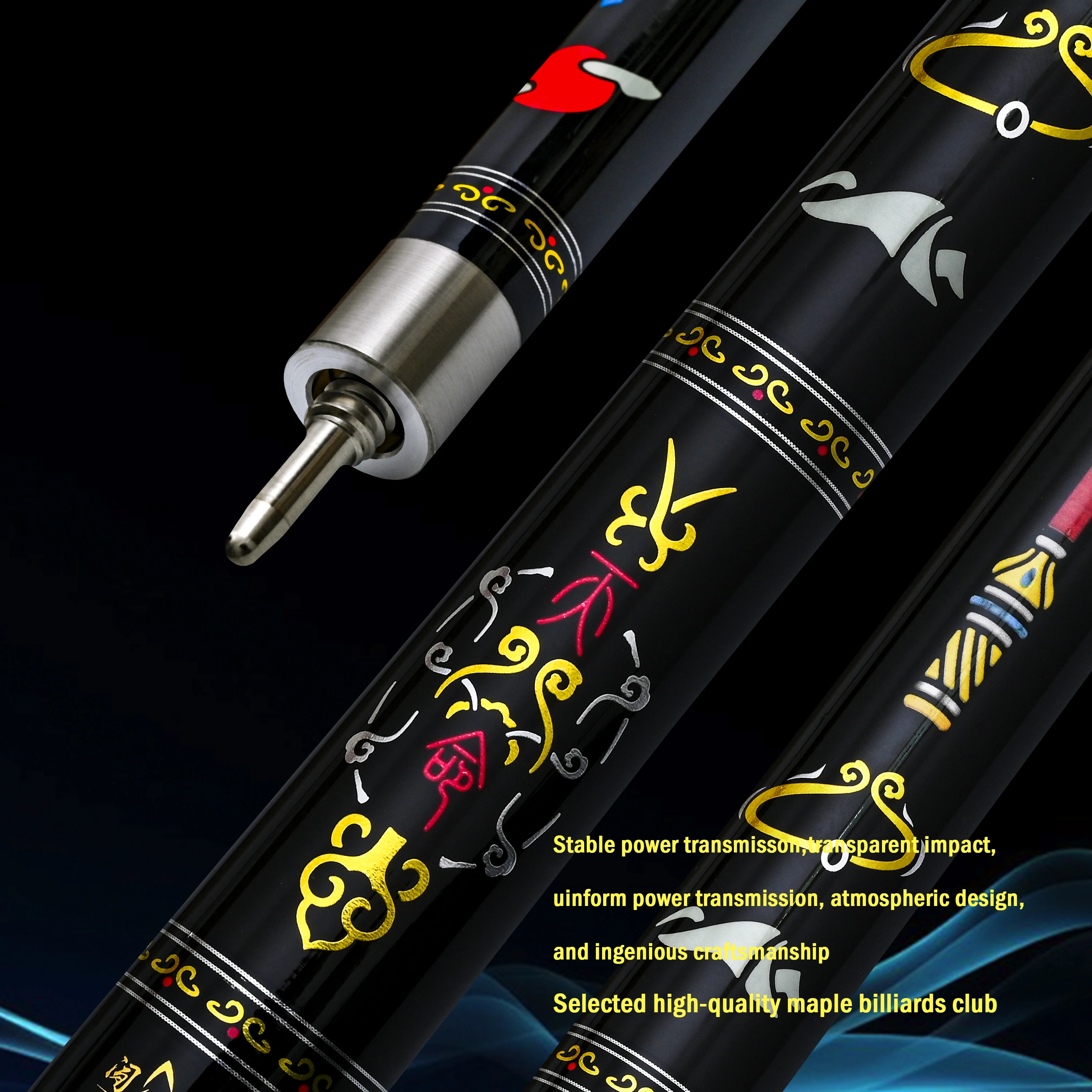 12.5mm Multi-Layer Tip Hard Maple Pool Cue with Gold Stamped Patterns - 58.66 Inch Stainless Steel Quick-Release Joint
12.5mm Multi-Layer Tip Hard Maple Pool Cue with Gold Stamped Patterns - 58.66 Inch Stainless Steel Quick-Release Joint