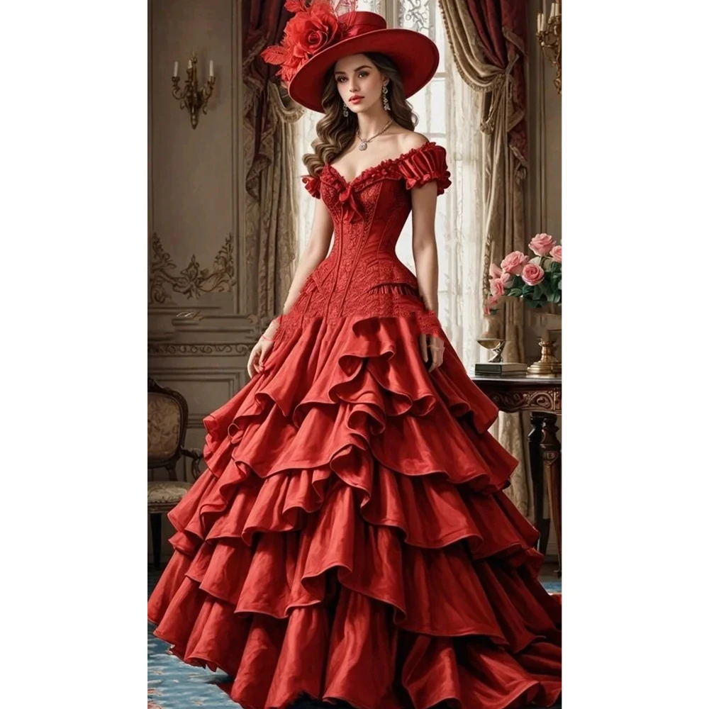Vintage Tiers Skirt Dark Red Satin Prom Dress Victorian Off Shoulder Special Occasion Dress Women Evening Gown Customized
Vintage Tiers Skirt Dark Red Satin Prom Dress Victorian Off Shoulder Special Occasion Dress Women Evening Gown Customized
