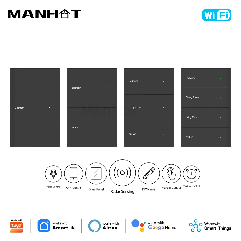 MANHOT WiFi Smart DIY Name Switch 1/2/3/4/6/8Gang Smart Glass Panel Push Button Switch With Radar Sensing Work With Tuya Alexa
MANHOT WiFi Smart DIY Name Switch 1/2/3/4/6/8Gang Smart Glass Panel Push Button Switch With Radar Sensing Work With Tuya Alexa