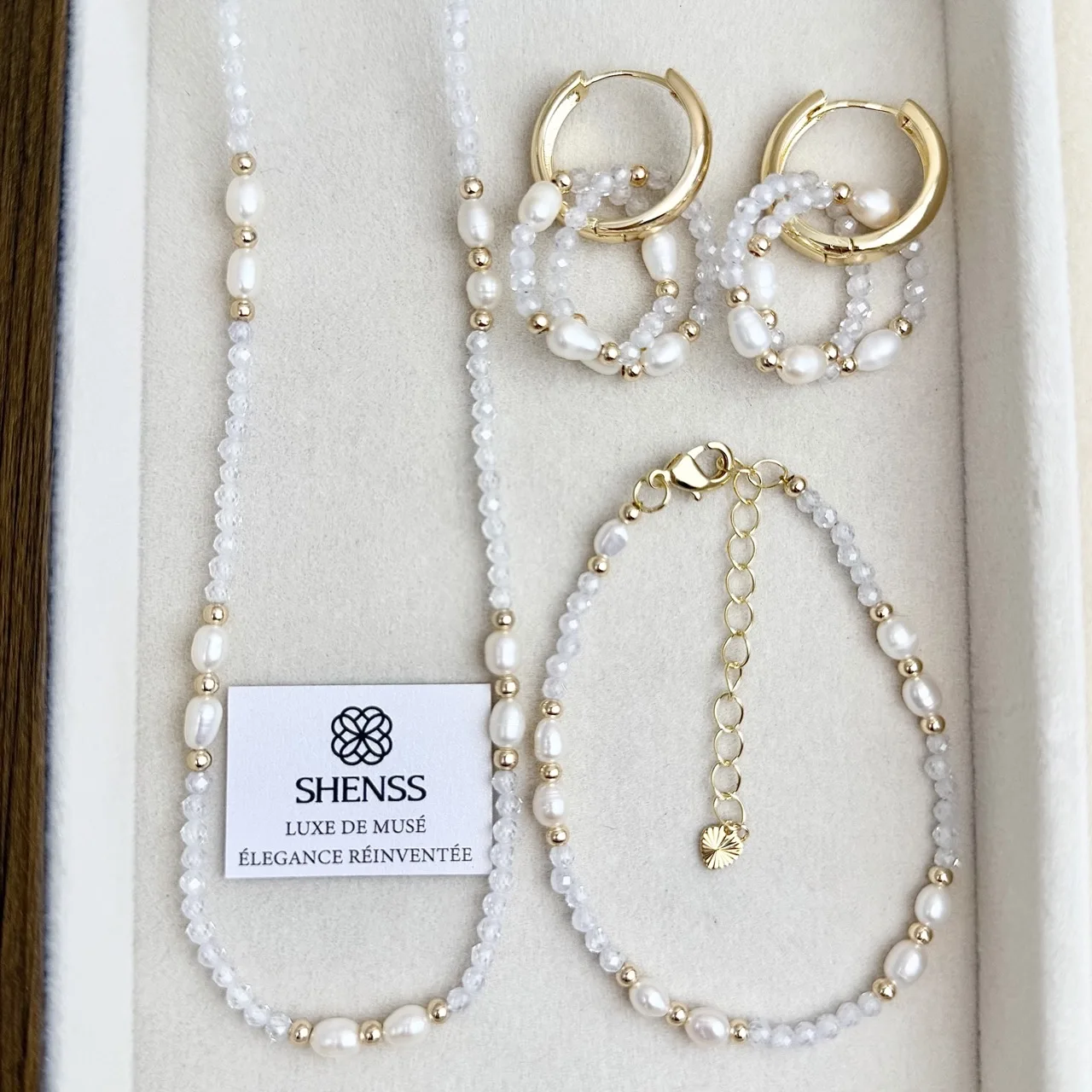 Natural Rice Pearl & Zircon Jewelry Set Necklace Bracelet Earrings Dainty Elegant Versatile Gift for Her
Natural Rice Pearl & Zircon Jewelry Set Necklace Bracelet Earrings Dainty Elegant Versatile Gift for Her