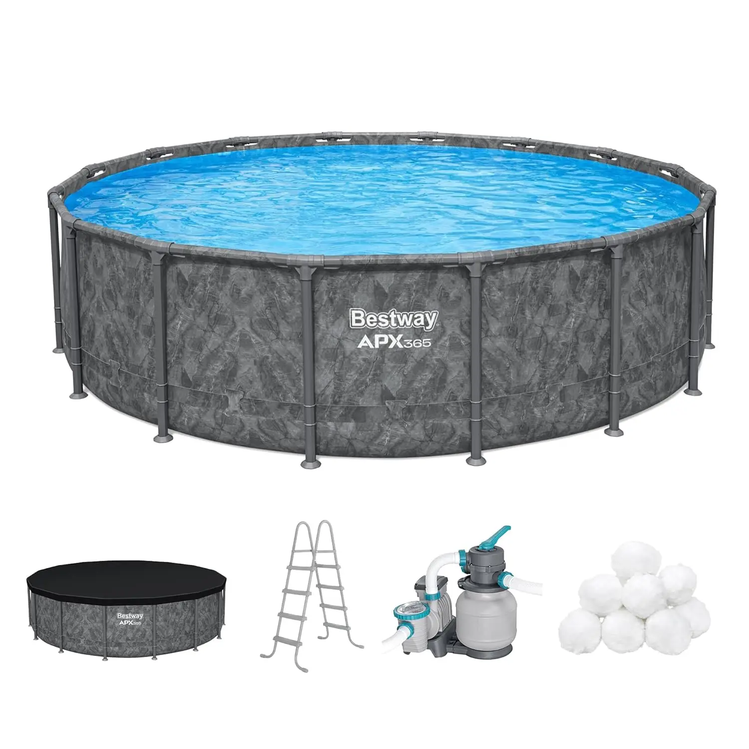 APX 365 16' x 48" Round Above Ground Pool Set with Sand Filter Pump, Ladder, and Cover, Dark Marble, Custom
APX 365 16' x 48" Round Above Ground Pool Set with Sand Filter Pump, Ladder, and Cover, Dark Marble, Custom