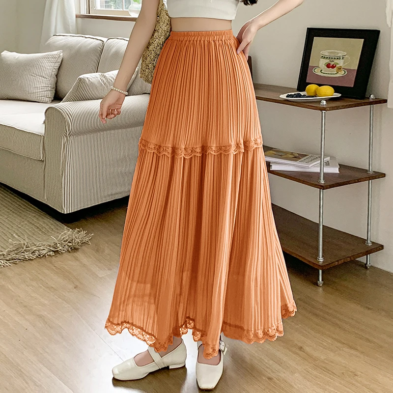 Lace Trim Skirt for Women, Summer Elegant High Waist Flowing Pleated A-line Solid Color Mid-length
Lace Trim Skirt for Women, Summer Elegant High Waist Flowing Pleated A-line Solid Color Mid-length