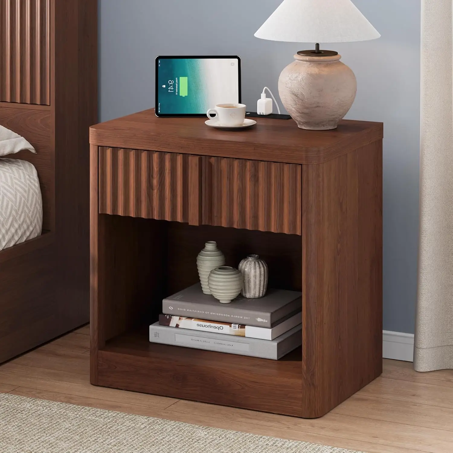 Fluted Nightstand With Charging Station, 23.6" Night Stand With Solid Wood Handle, End Table With Curved Profile, Customized
Fluted Nightstand With Charging Station, 23.6" Night Stand With Solid Wood Handle, End Table With Curved Profile, Customized