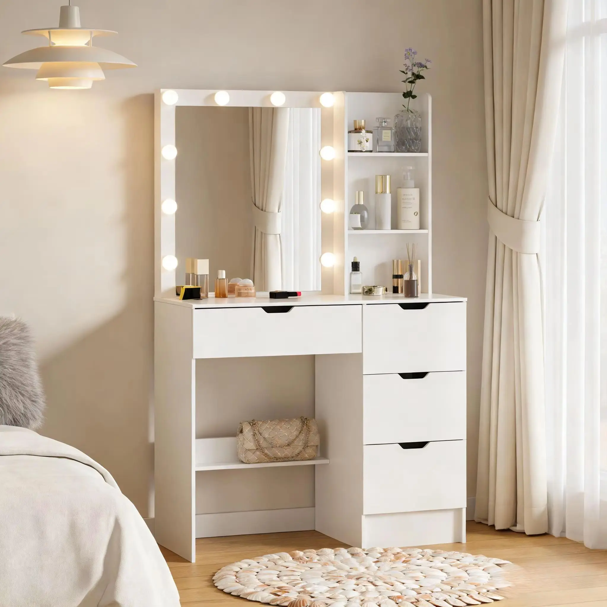 Современный туалетный столик Teousev белого цвета с зеркалом на 10 светодиодных лампах, 4 ящиками, 3 режимами регулировки яркости, простая сборка, для спальни/кабинета
Современный туалетный столик Teousev белого цвета с зеркалом на 10 светодиодных лампах, 4 ящиками, 3 режимами регулировки яркости, простая сборка, для спальни/кабинета