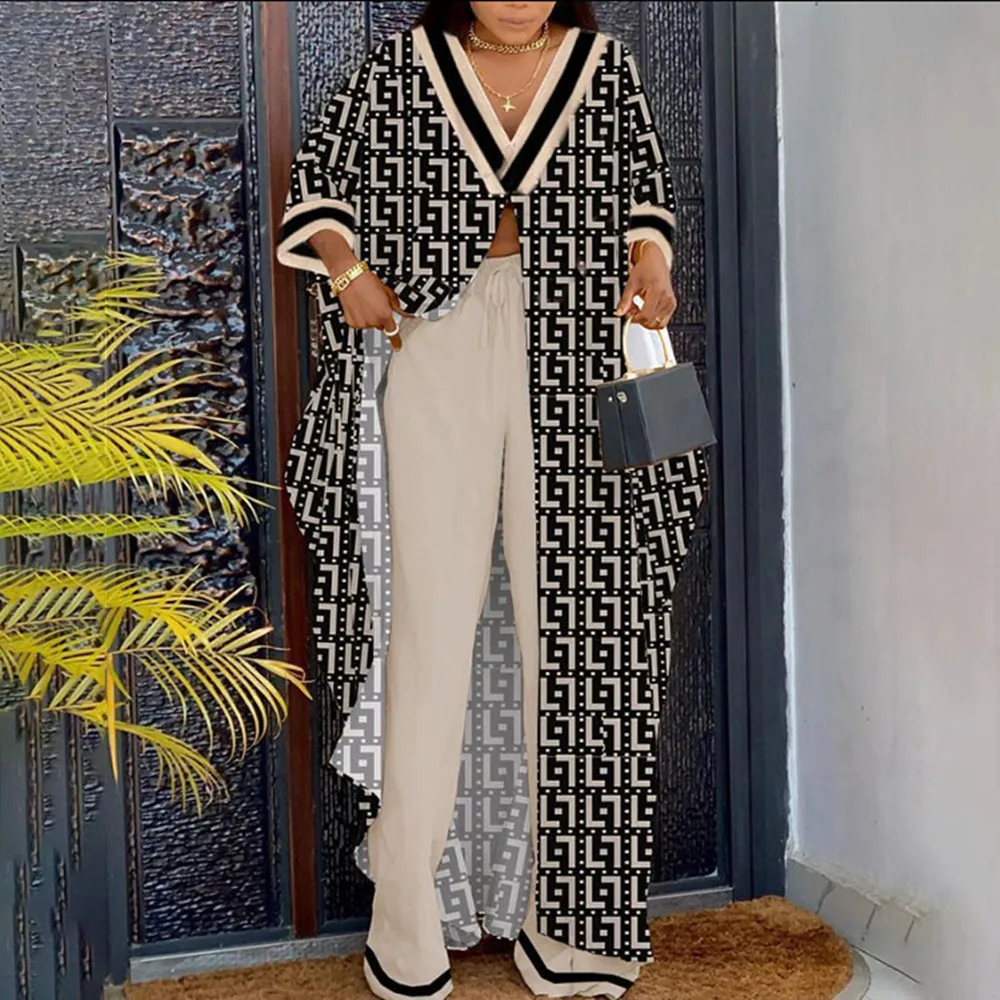 Two-piece Set for Women, V-Neck, Single Button, Long Split Top, Wide Leg Pants, Loose and Casual, Spring Fashion, 2024
Two-piece Set for Women, V-Neck, Single Button, Long Split Top, Wide Leg Pants, Loose and Casual, Spring Fashion, 2024