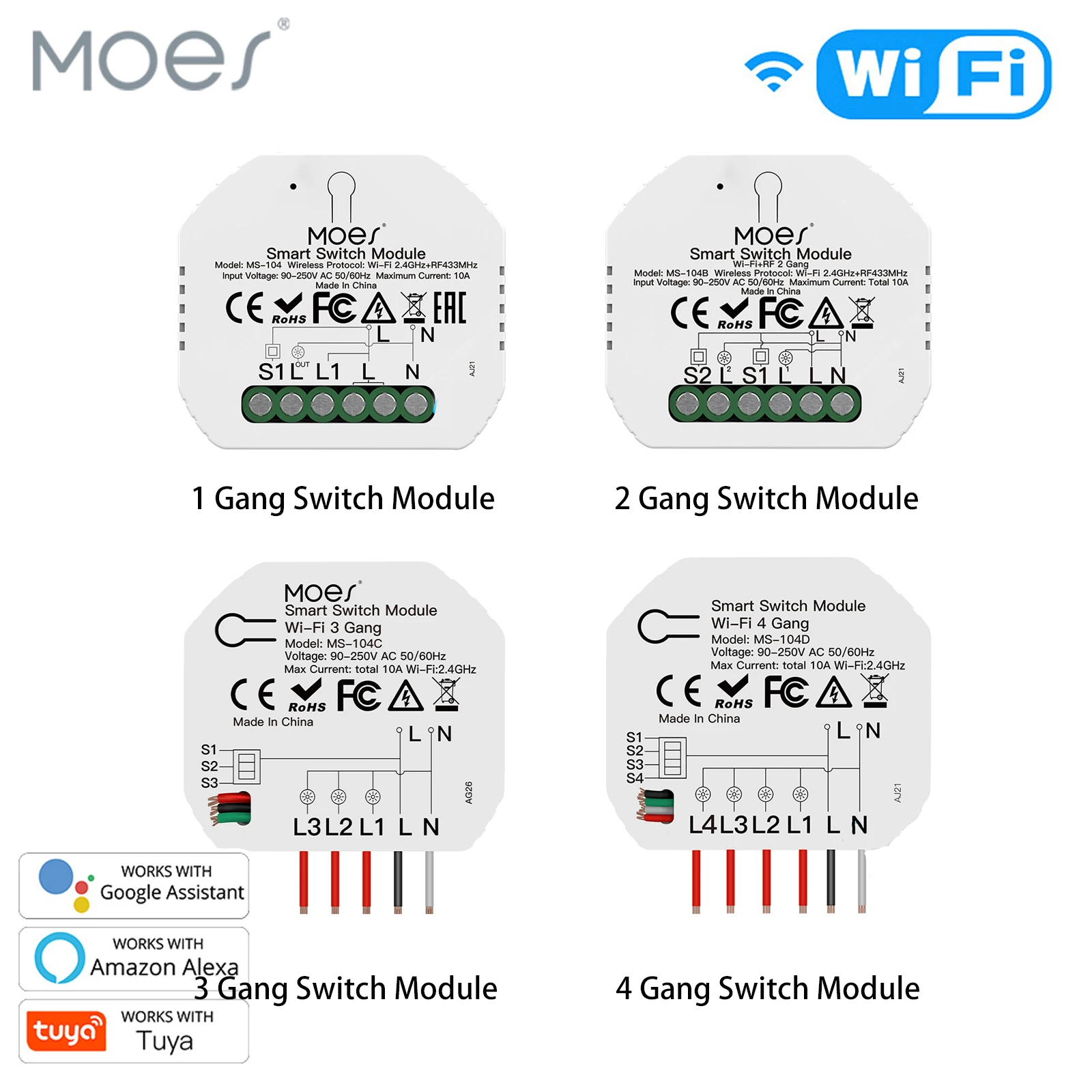 1/2/3/4 Gang Mini WiFi Smart Light Switch Relay Module Smart Life Tuya Wireless Remote Control Work with Alexa Google Home