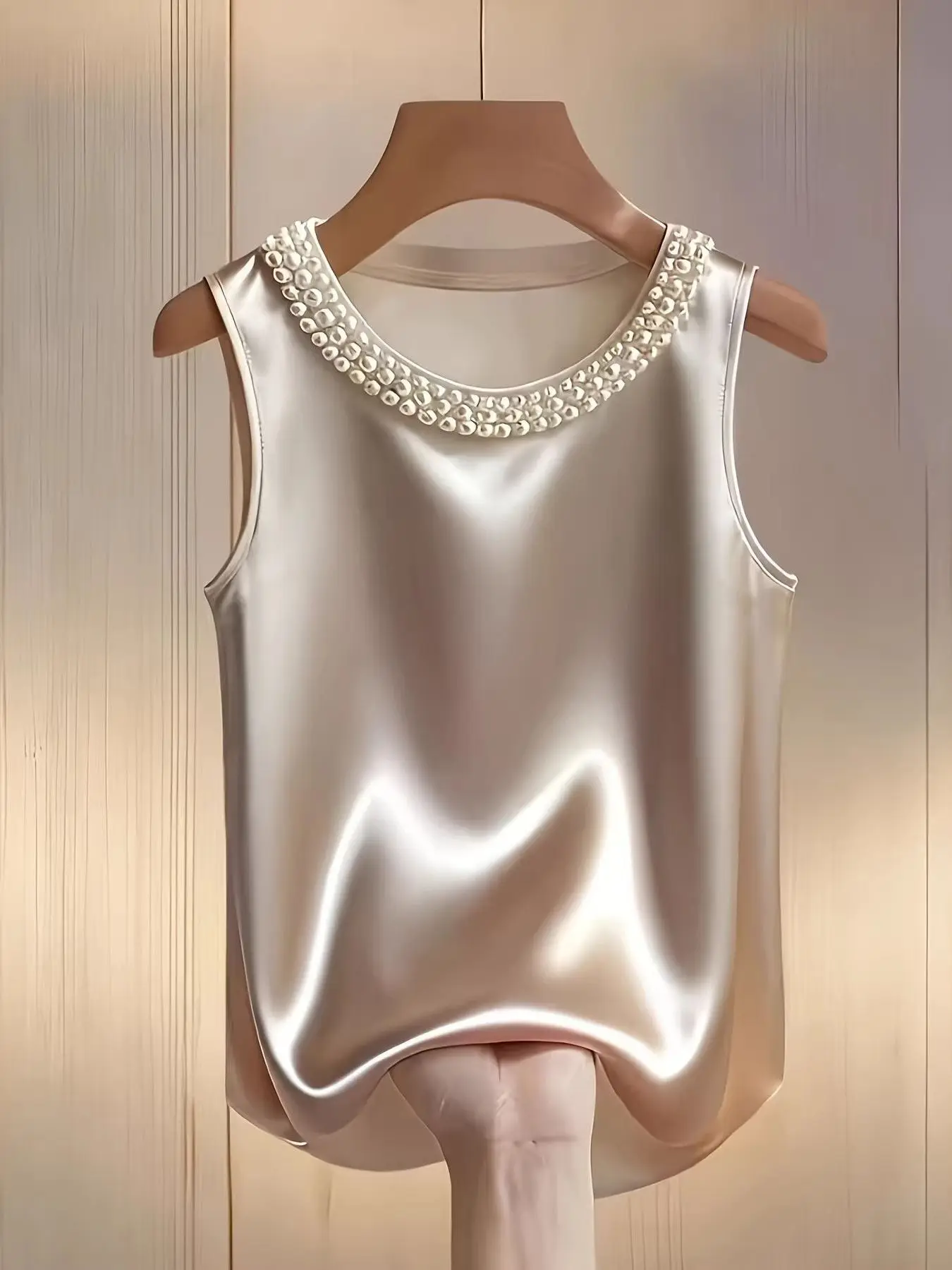 Elegant Pearl round Neck Design Satin Shirt Stylish T-Shirt Vest Precision Spring Summer New Arrival Women's French Style Loo...
Elegant Pearl round Neck Design Satin Shirt Stylish T-Shirt Vest Precision Spring Summer New Arrival Women's French Style Loo...