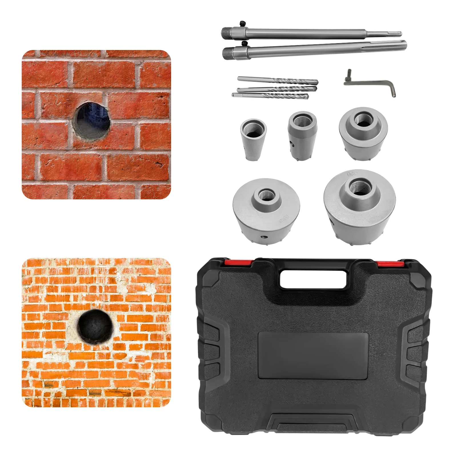 Concrete Hole Saw Set for Concrete Brick Stone Cement Wall 5* Hole Saws, 2* Shafts, 3* Center Positioning Drill Bits & Toolbox
Concrete Hole Saw Set for Concrete Brick Stone Cement Wall 5* Hole Saws, 2* Shafts, 3* Center Positioning Drill Bits & Toolbox