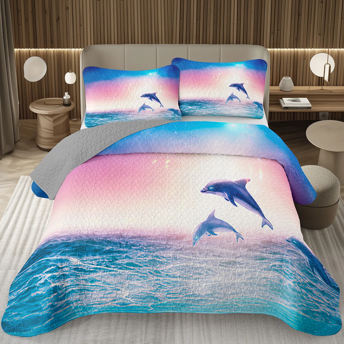 Cute Dolphin Bedspread Twin/King Reversible Grey Quilted Coverlet Ocean Animal Bedding Set 2/3 Pieces Soft Lightweight Quilt Set
Cute Dolphin Bedspread Twin/King Reversible Grey Quilted Coverlet Ocean Animal Bedding Set 2/3 Pieces Soft Lightweight Quilt Set
