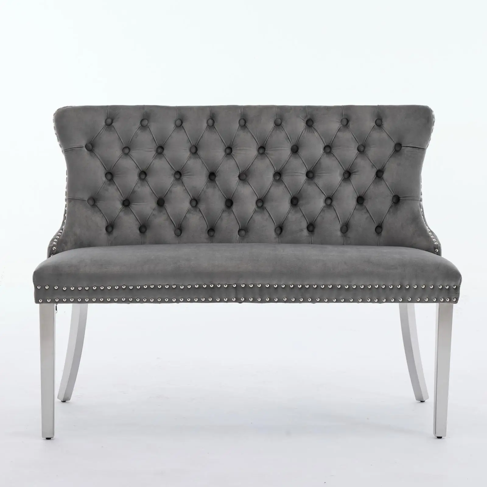 Modern Velvet Loveseat Bench Tufted Upholstered Gray Seating for Dining Room Brushed Silver Stainless Steel Legs
Modern Velvet Loveseat Bench Tufted Upholstered Gray Seating for Dining Room Brushed Silver Stainless Steel Legs